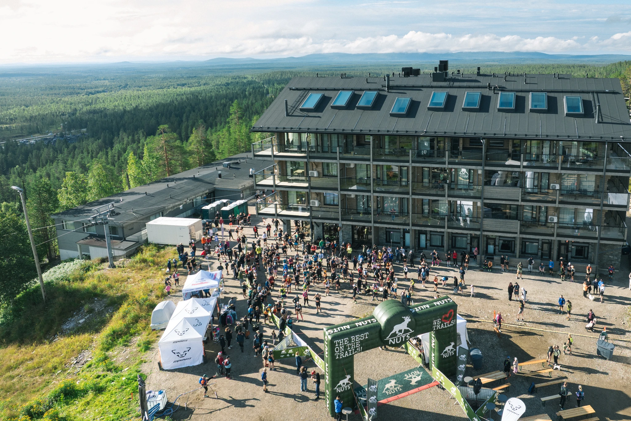 Aerial view of the NUTS Pyhä 2026 event centre and start arch. Photo: Simo Vilhunen.